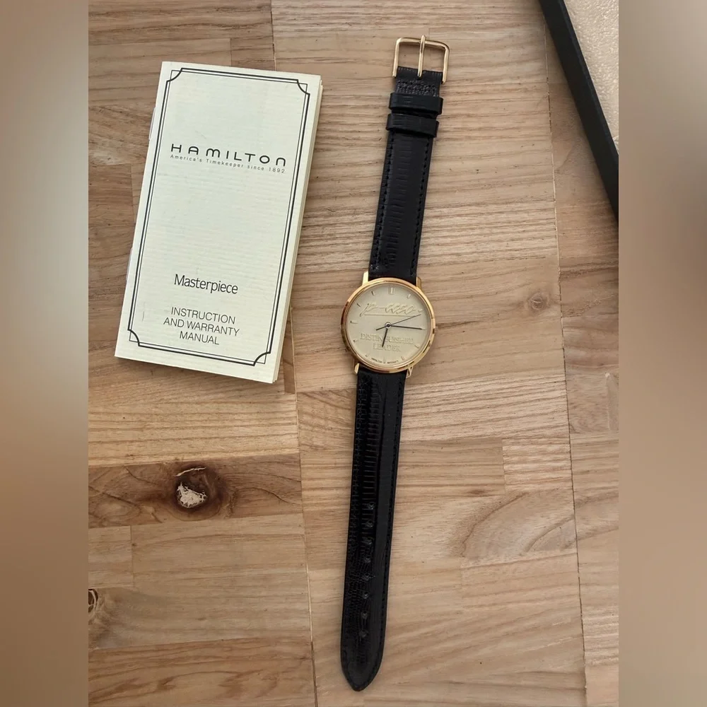 Hamilton Rare Distinguished Leader Watch New in Box Gold Dial Case Leather Strap